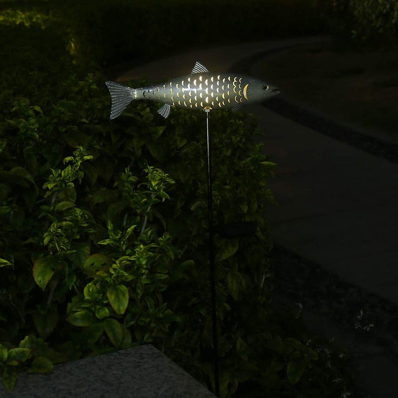 KAIXOXIN Solar Garden Lights Metal Fish Decorative Stake for Outdoor Patio Yard Decorations,Warm White LED Solar Path Lights (Silver-2) - Image 2